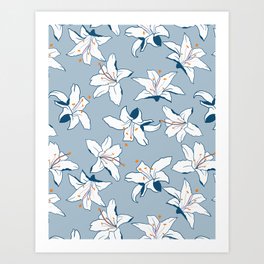 Hygge Blue Exotic Flower Meadow Pattern Art Print