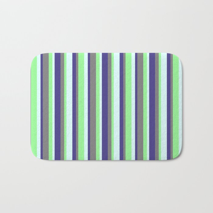 Dark Slate Blue, Light Cyan, Green, and Gray Colored Lines/Stripes Pattern Bath Mat