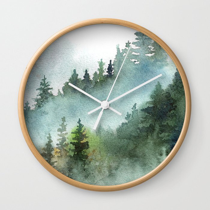Watercolor Pine Forest Mountains in the Fog Wall Clock