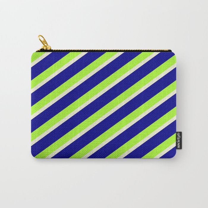 Dark Blue, Light Green, and Beige Colored Striped Pattern Carry-All Pouch