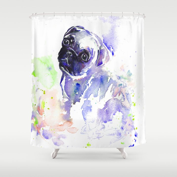 Purple Pug Puppy Shower Curtain By Hand, Puppy Shower Curtain