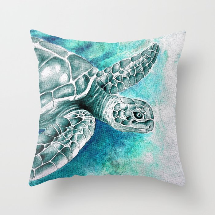 Sea Turtle Teal Blue Comic Dots Art Throw Pillow