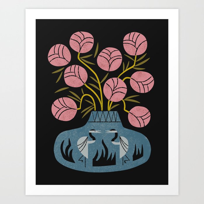 Pink Bouquet And Crane Vase Art Print