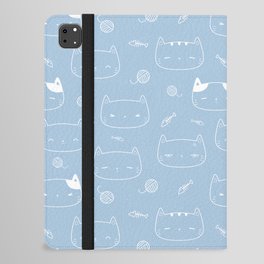 Pale Blue and White Doodle Kitten Faces Pattern iPad Folio Case