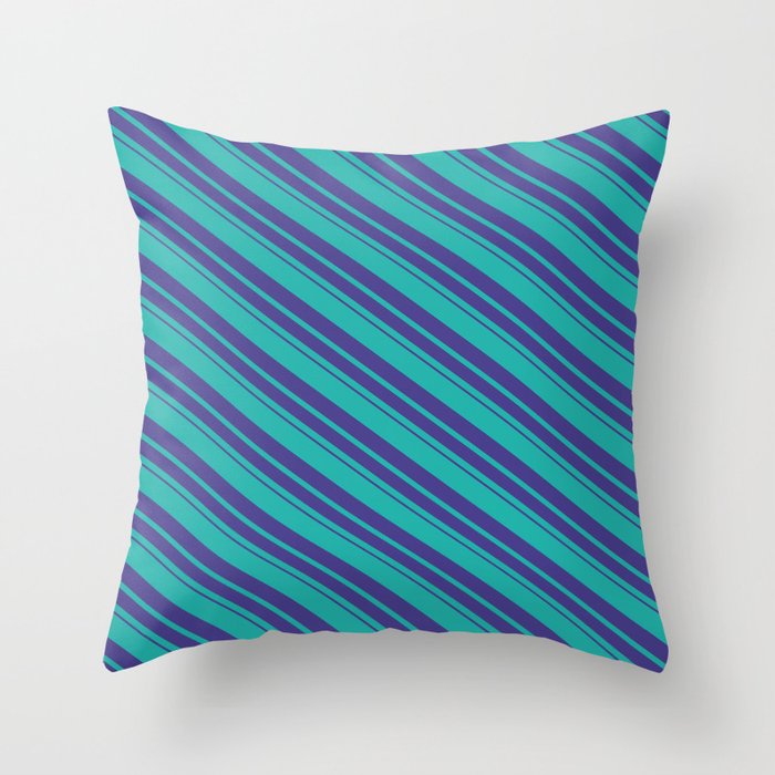 Light Sea Green and Dark Slate Blue Colored Stripes/Lines Pattern Throw Pillow