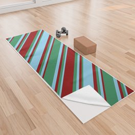 [ Thumbnail: Sky Blue, Sea Green, and Dark Red Colored Lined/Striped Pattern Yoga Towel ]