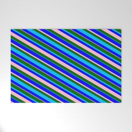 [ Thumbnail: Dark Green, Deep Sky Blue, Blue & Pink Colored Stripes/Lines Pattern Welcome Mat ]