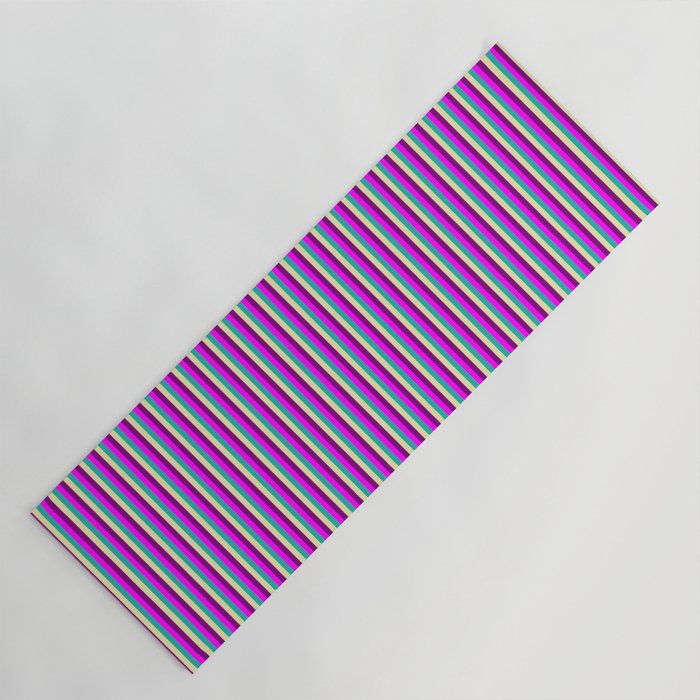 Light Sea Green, Pale Goldenrod, Purple, and Fuchsia Colored Stripes Pattern Yoga Mat