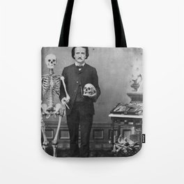 Edgar Allan Poe with Skull and Skeleton macabre black and white photograph Tote Bag