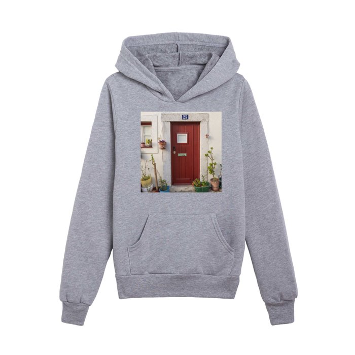 Bohemian red door nr. 25 with plants art print - Lisbon, Portugal - street and travel photography Kids Pullover Hoodie