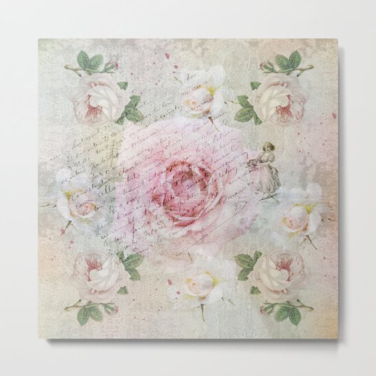 Romantic vintage roses and French handwriting Metal Print