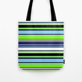 [ Thumbnail: Colorful Light Sky Blue, Chartreuse, Midnight Blue, White & Black Colored Striped/Lined Pattern Tote Bag ]
