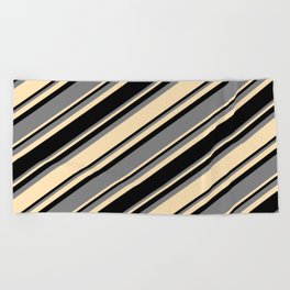 [ Thumbnail: Black, Grey & Beige Colored Striped Pattern Beach Towel ]