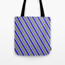 [ Thumbnail: Grey, Light Grey & Blue Colored Striped/Lined Pattern Tote Bag ]