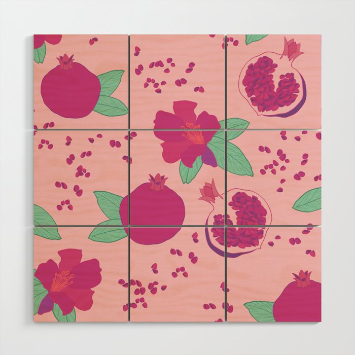 Pomegranate flower and fruit bright pink and green pattern Wood Wall Art