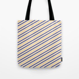 [ Thumbnail: Tan, Blue, and Cornflower Blue Colored Lines Pattern Tote Bag ]