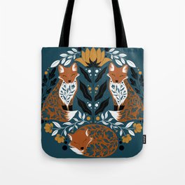 Teal Botanical Foxes Tote Bag