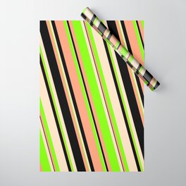 [ Thumbnail: Light Salmon, Black, Bisque & Chartreuse Colored Striped/Lined Pattern Wrapping Paper ]