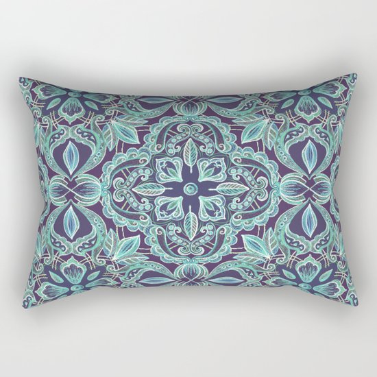 Chalkboard Floral Pattern in Teal & Navy Rectangular Pillow