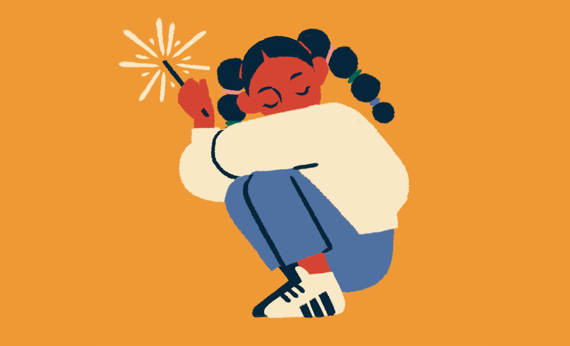 illustration of a little girl holding a sparkler on a golden yellow background