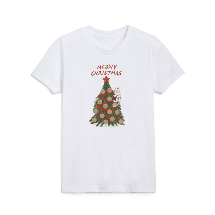 Meowy Christmas Vintage Cat on Tree Kids T Shirt