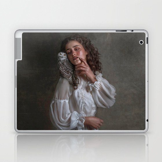 The haunting; young woman in pearl white Victorian gown with snowy owl perched on her shoulder female magical realism portrait photograph / photography Laptop & iPad Skin