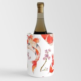 Watercolor oriental pattern with rainbow carps. Seamless oriental texture with isolated hand drawn fishes and blossom cherry. Asian natural background in Wine Chiller
