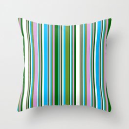[ Thumbnail: Green, Plum, Dark Green, White & Deep Sky Blue Colored Stripes Pattern Throw Pillow ]
