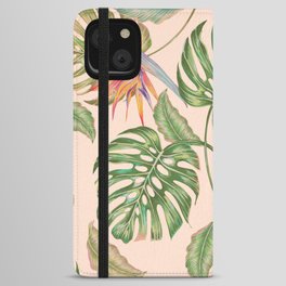 Floral seamless vintage tropical pattern background with exotic flowers, jungle leaves, monstera plant leaf, strelitzia, bird of paradise flower. Vintage botanical gentle illustration in Hawaiian style iPhone Wallet Case