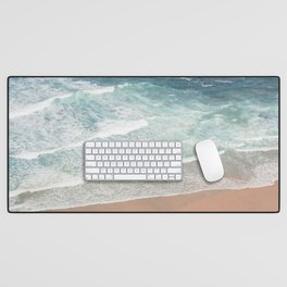 Aerial Beach Travel Photography | Clear Blue Sea Water in Portugal Art Print | Surf Waves in Color Desk Mat