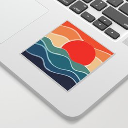 Retro 70s and 80s Color Palette Mid-Century Minimalist Nature Waves and Sun Abstract Art Sticker