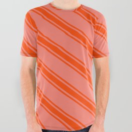 [ Thumbnail: Salmon & Red Colored Pattern of Stripes All Over Graphic Tee ]