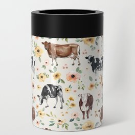 Cows with Pink and Yellow Flowers on Cream, Cow Illustration, Floral Can Cooler