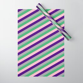 [ Thumbnail: Indigo, Dark Grey, Sea Green & Pink Colored Striped Pattern Wrapping Paper ]