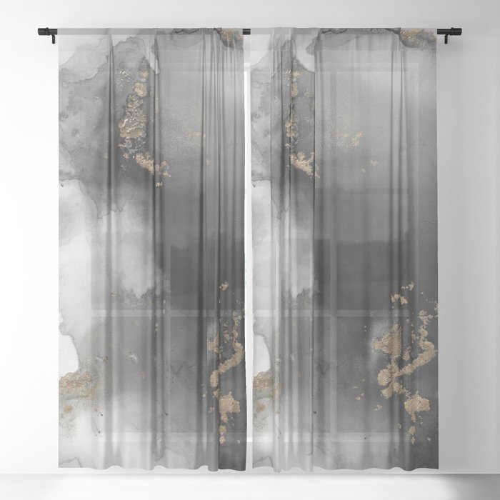 Black and Gold Abstract Watercolor Painting Monochrome Nebula Sheer Curtain