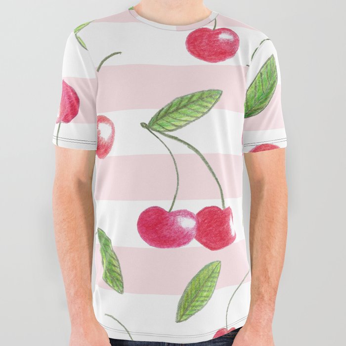 Cherries and pink stripes All Over Graphic Tee