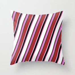 [ Thumbnail: Brown, Orchid, White & Black Colored Pattern of Stripes Throw Pillow ]