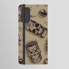 Beer vintage monochrome seamless pattern with mugs cups aluminum cans hop cones in skull shapes vintage illustration Android Wallet Case