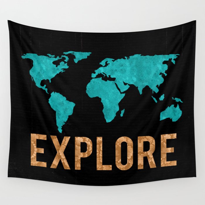 World Map - Teal and Copper Explore Globe Wall Tapestry