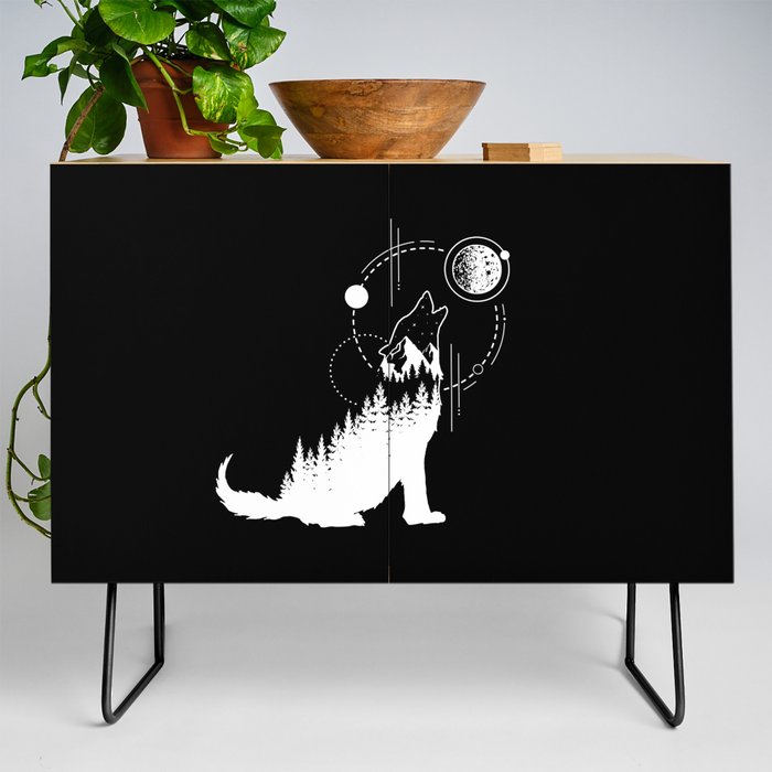 Modern Geometric Wolf Forest Double Exposure Trendy Credenza