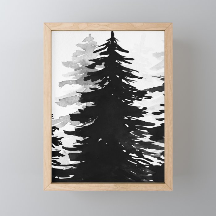 evergreens, black white, minimalist forest, reflections Framed Mini Art Print