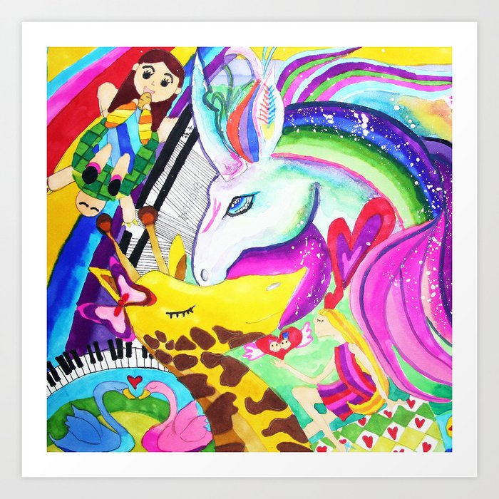 Giraffe Unicorn On Rainbow Art Print By Icehk Society6