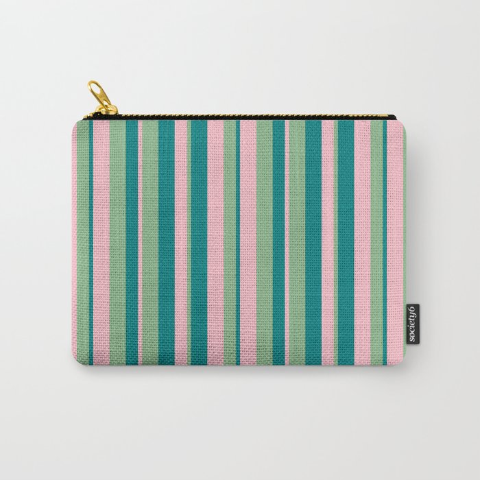 Dark Sea Green, Pink & Teal Colored Lined/Striped Pattern Carry-All Pouch