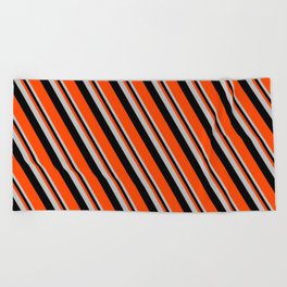 [ Thumbnail: Grey, Black & Red Colored Lined Pattern Beach Towel ]