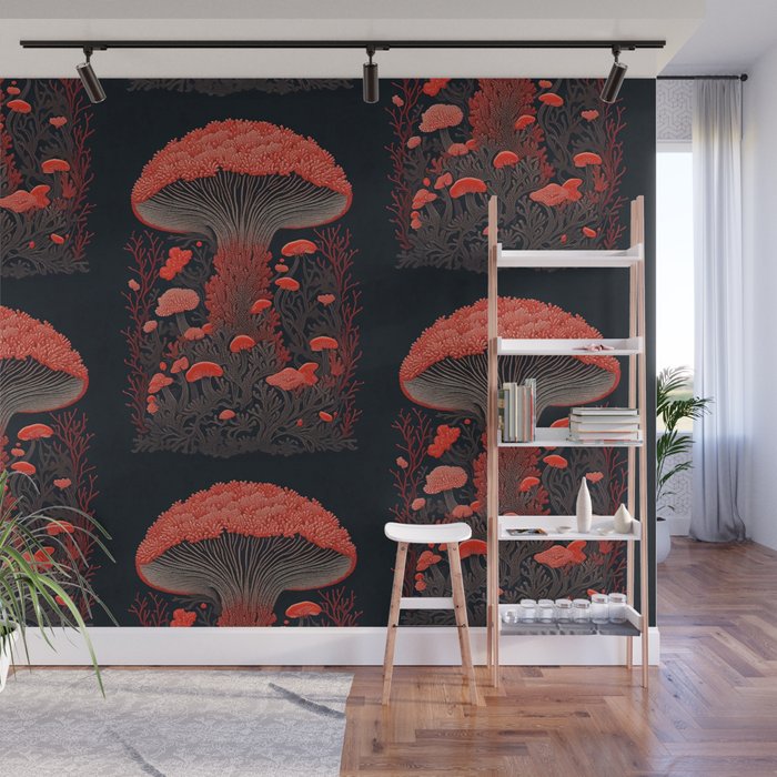 Coral Mushrooms Red Gray Grey Black Vintage Wall Mural