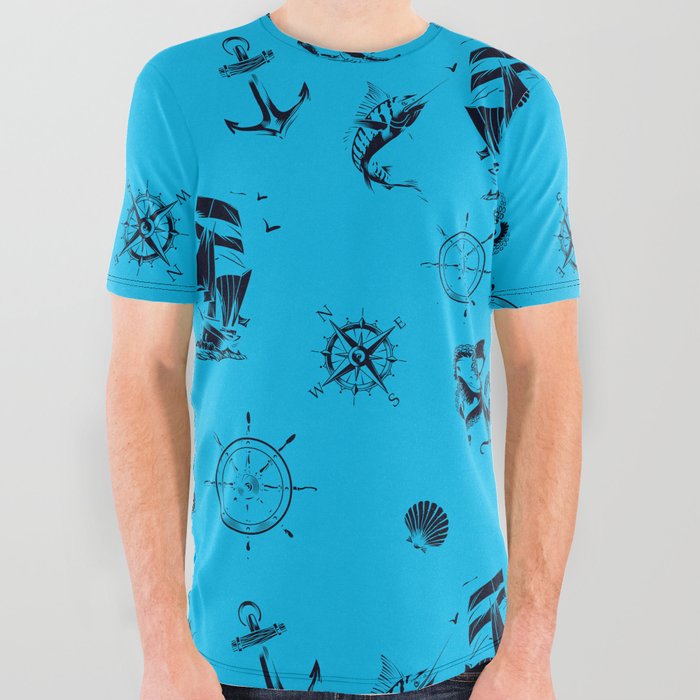 Turquoise And Blue Silhouettes Of Vintage Nautical Pattern All Over Graphic Tee