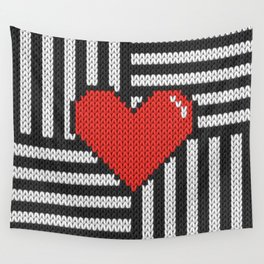 Knitted 8-bit red heart on striped background on products Wall Tapestry