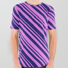 [ Thumbnail: Midnight Blue & Violet Colored Pattern of Stripes All Over Graphic Tee ]