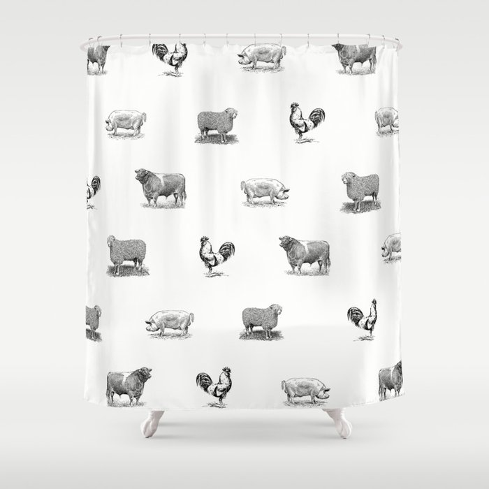 Farm Animals Black & White | Minimal Vintage Illustration | Line Art Sketch Sheep, Pigs & Rooster Shower Curtain