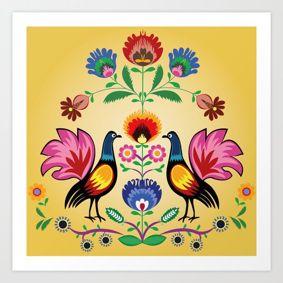 Polish Folk With Decorative Floral & Cockerels Art Print